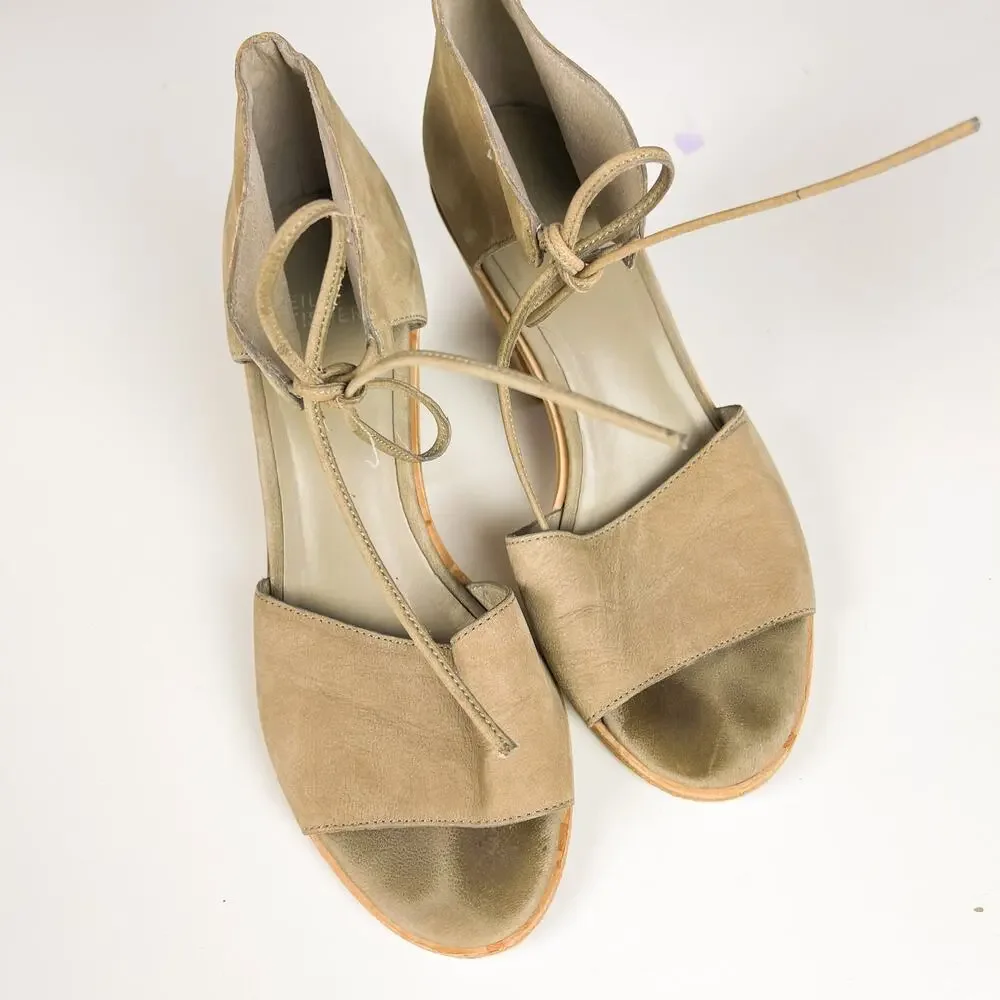 Eileen Fisher Ann Ankle Tie Leather Chunky 3” Heel Sandals Gray Beige - 7.5